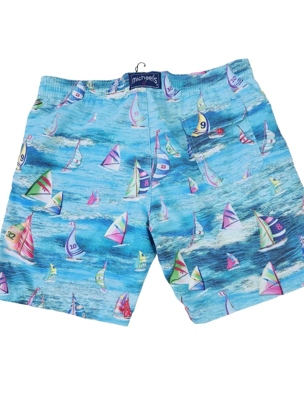 New Michael's Swim Trunks Large, Sailboat Sailing Print Blue, Lined Swim Trunks